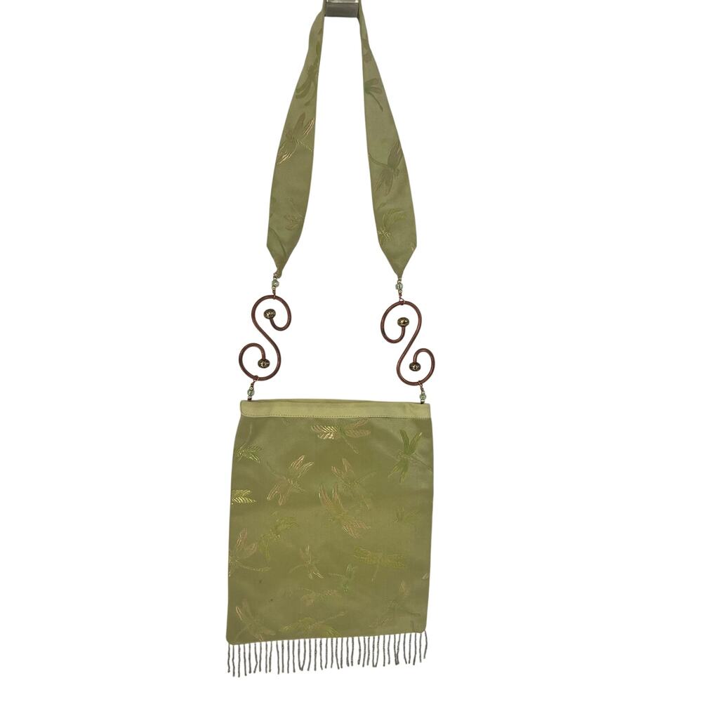 Lime Green Dragonfly Silk Brocade Bag with Beaded Fringe